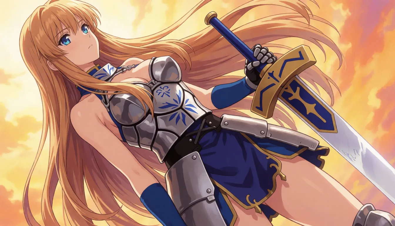 hentai anime art, a woman looking_up with a very huge_breasts and very long_hair. she is wearing a very small armor bra and her breasts_out of the armor and a very short armor dress. under her dress her blue panties.. she has blue eyes. she is wearing a huge sword. looking_up. she has chain all over her body. body_writing and a chain around her neck. crying, clean lineart, smooth cel shading, glossy highlights, saturated warm colour, drawn illustration, strikingly beautiful, radiant complexion, early twenties