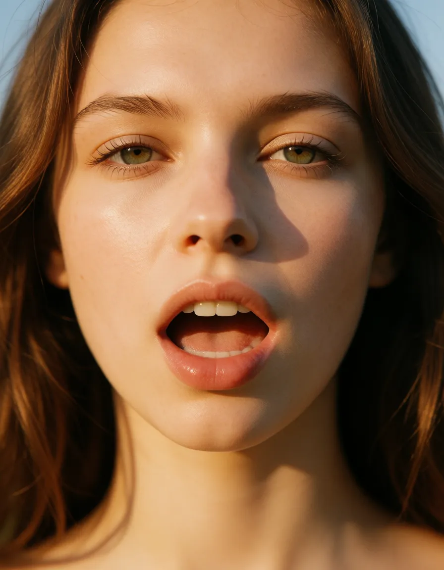 a photograph, 3 члена во рту, warm golden afternoon daylight, soft natural shadows, warm amber tones, gentle contrast, fine film grain, smooth clear skin, strikingly beautiful, radiant complexion, early twenties