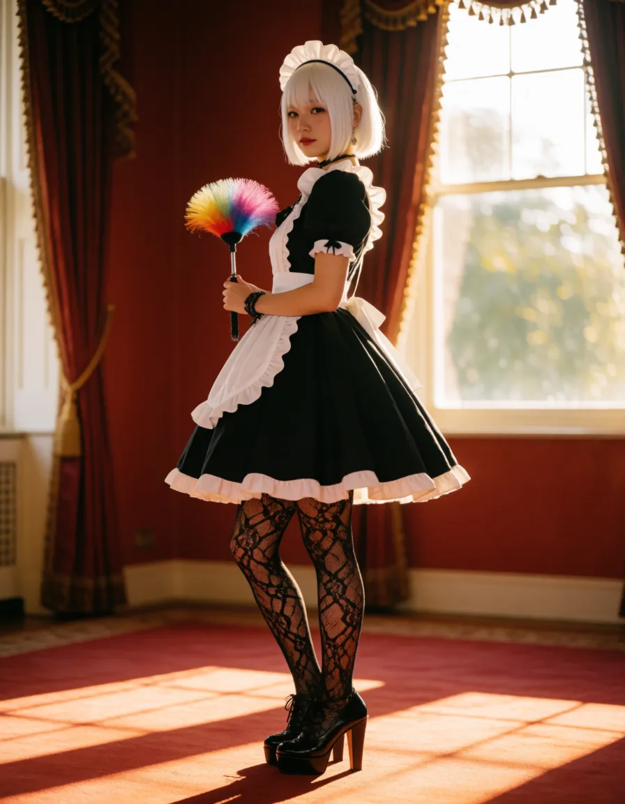 a photograph, Japanese bimbo with huge gigantic morph ,very slender waist, black lacy stockings, maid TUBE DRESS With bell‑shaped skirt,short sleeves,with white maid Bonnet, black classic shoes with extremely high heels steel stilettos and platform, massive earrings,Very huge black choker around her neck, black bracelets on her wrists. Bob Straight white hair,big Plump red lips huge long lush eyelashes, She has tanned and shiny skin.bright vulgar makeup,She is standing on darkness red royal room.She is holding a Multicoloured pipeduster in her hand. She is satisfied with herself. She has the largest and greatest BOOBS in the world.Side view, warm golden afternoon daylight, soft natural shadows, warm amber tones, gentle contrast, fine film grain, smooth clear skin, strikingly beautiful, radiant complexion, early twenties