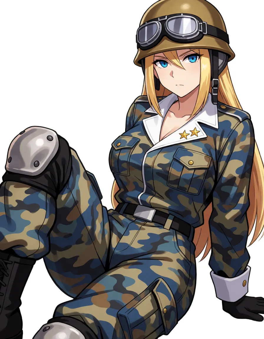 hentai anime art, Army Buff from Ace Attorney
‎2d hentai, anime style, same woman: long straight blonde hair, blue eyes, serious face, military blue-tan camouflage uniform, white collar with two gold stars, cargo pants, black knee pads, tan helmet with goggles on forehead optional, futanari, huge thick veiny cock, heavy balls, 

futanari, jacket fully open, small breasts pressed around her erect penis, precum on chest, pants down, helmet on, black knee pads, barefoot, looking at viewer, white background, clean lineart, smooth cel shading, glossy highlights, saturated warm colour, drawn illustration, strikingly beautiful, radiant complexion, early twenties