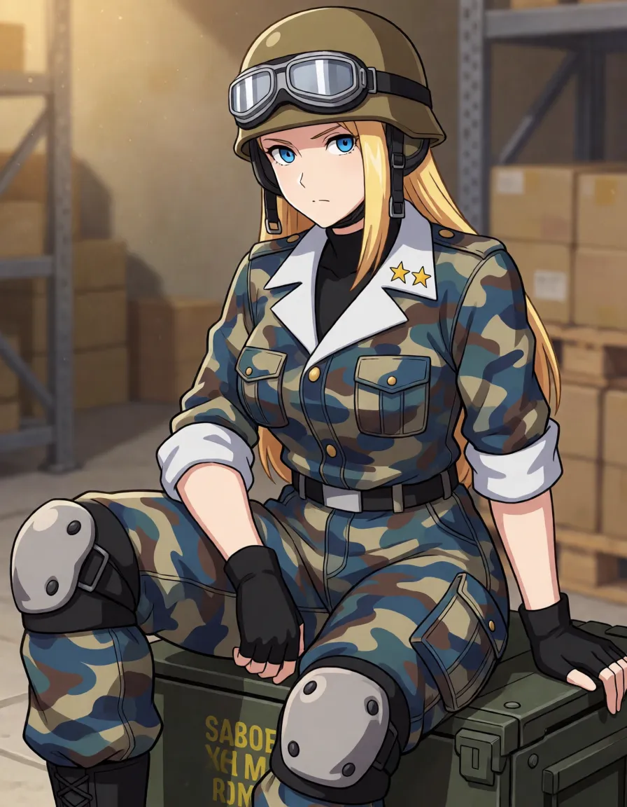 hentai anime art, Army Buff from Ace Attorney
2d hentai, anime style, same woman: long straight blonde hair, blue eyes, serious face, military blue-tan camouflage uniform, white collar with two gold stars, cargo pants, black knee pads, tan helmet with goggles on forehead optional, futanari, huge thick veiny cock, heavy balls,
futanari, sitting on an ammo crate, legs spread, pants off, erect penis and balls hanging off the edge, jacket on, helmet on, black knee pads, barefoot, warehouse, clean lineart, smooth cel shading, glossy highlights, saturated warm colour, drawn illustration, strikingly beautiful, radiant complexion, early twenties
