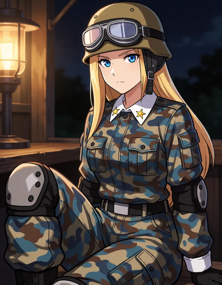 hentai anime art, Army Buff from Ace Attorney
2d hentai, anime style, same woman: long straight blonde hair, blue eyes, serious face, military blue-tan camouflage uniform, white collar with two gold stars, cargo pants, black knee pads, tan helmet with goggles on forehead optional, futanari, huge thick veiny cock, heavy balls,
futanari, night guard post, dim lamp, pants unzipped, stroking erect penis while on duty, helmet with goggles, black knee pads, barefoot, dark outdoor background, clean lineart, smooth cel shading, glossy highlights, saturated warm colour, drawn illustration, strikingly beautiful, radiant complexion, early twenties