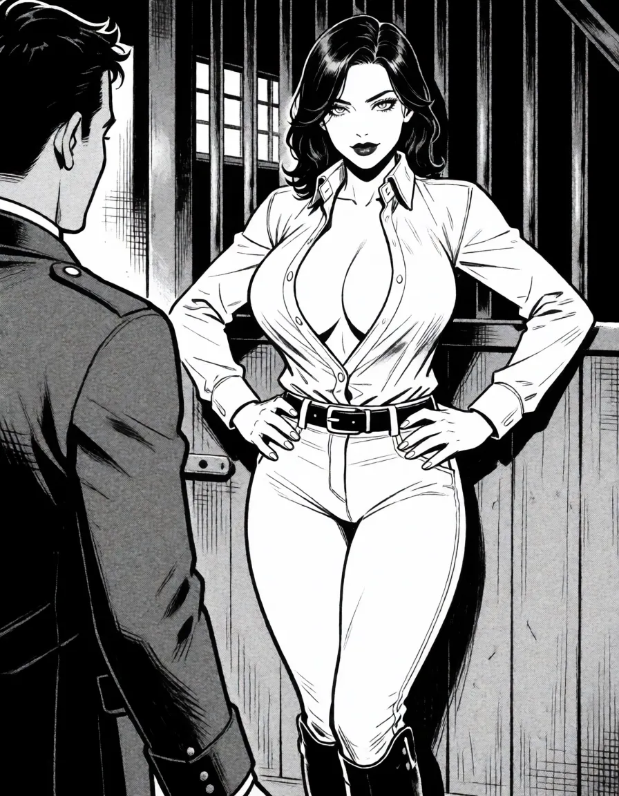 comic book art, Alcina Dimitrescu, is wearing a women's horse-riding outfit trousers on shirt open_shirt ,horse-riding boots, fucked in a stable, ass up, man before her. she is fucked missionary. she is looking into the camera. Her huge breasts are naked. huge saggy tits, very hairy pussy, wide hips, big ass, bbw, older bbw woman, she is dressed in horse-riding outfit, sweaty, big nipples, fucked from behind, ultra realistic, fucked in her thick very hairy cunt, bbw, older, hairy armpits, fucked missionary, background a military barak ,she has an orgasm, an orgastic look on her face, eyes closed mouth open, hairy armpits, she is cumming and She gently squeezes her own breasts, (is wearing a women's horse-riding outfit:1.5). (she's fucked in very hairy pussy:1.8) legs wide spread, she is on her knees and elbows and fucked from behind. she is facing the camera. in a stable. Her breasts have big areolas and big nipples. horseriders boots alcina dimitrescu. Mature woman, 50, huge body, tall body, voluptuous body, fat body, long hair, long black hair, old skin, ultra detailed, high definition, bold black ink outlines, halftone dot shading, cross hatched shadows, flat four colour print palette, hard high contrast comic inking, printed comic page, strikingly beautiful, radiant complexion, early twenties