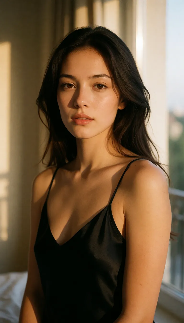a photograph, a woman with long dark hair in a black silk slip, soft window light, shot on film, warm golden afternoon daylight, soft natural shadows, warm amber tones, gentle contrast, fine film grain, smooth clear skin, strikingly beautiful, radiant complexion, early twenties