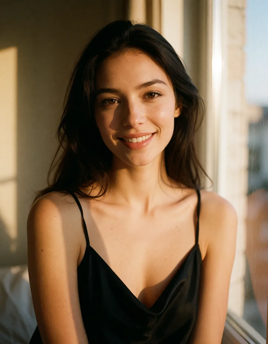 a photograph, a woman with long dark hair in a black silk slip, soft window light_smile ht, shot on film, warm golden afternoon daylight, soft natural shadows, warm amber tones, gentle contrast, fine film grain, smooth clear skin, strikingly beautiful, radiant complexion, early twenties