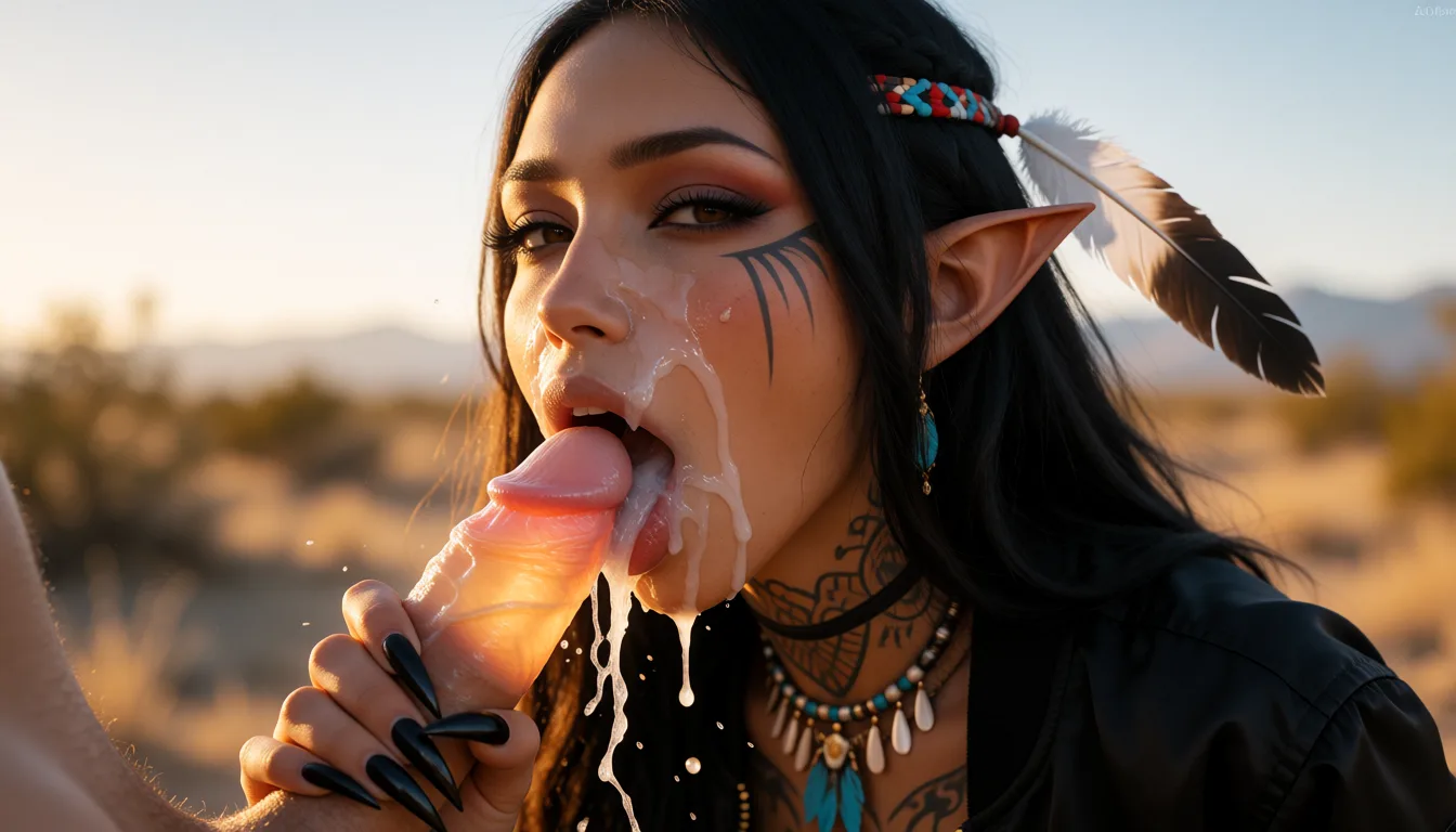 a photograph, slender tan elf with (small elven ears) with native american face, native american jewelry, very long black hair, feather in hair, native american makeup and tatoos, huge_breasts,, sideboob wearing a black bomber jacket over a black skimpy leotard, very long clawy black fingernails face close-up on face, focus on face, face only,, facial by a translucent glowing futanari monstercock dragoncock, handjob, cum on face, cum on boob, cum in mouth open_mouth, ejaculation cum fountain splashing into her throat, warm golden afternoon daylight, soft natural shadows, warm amber tones, gentle contrast, fine film grain, smooth clear skin, strikingly beautiful, radiant complexion, early twenties
