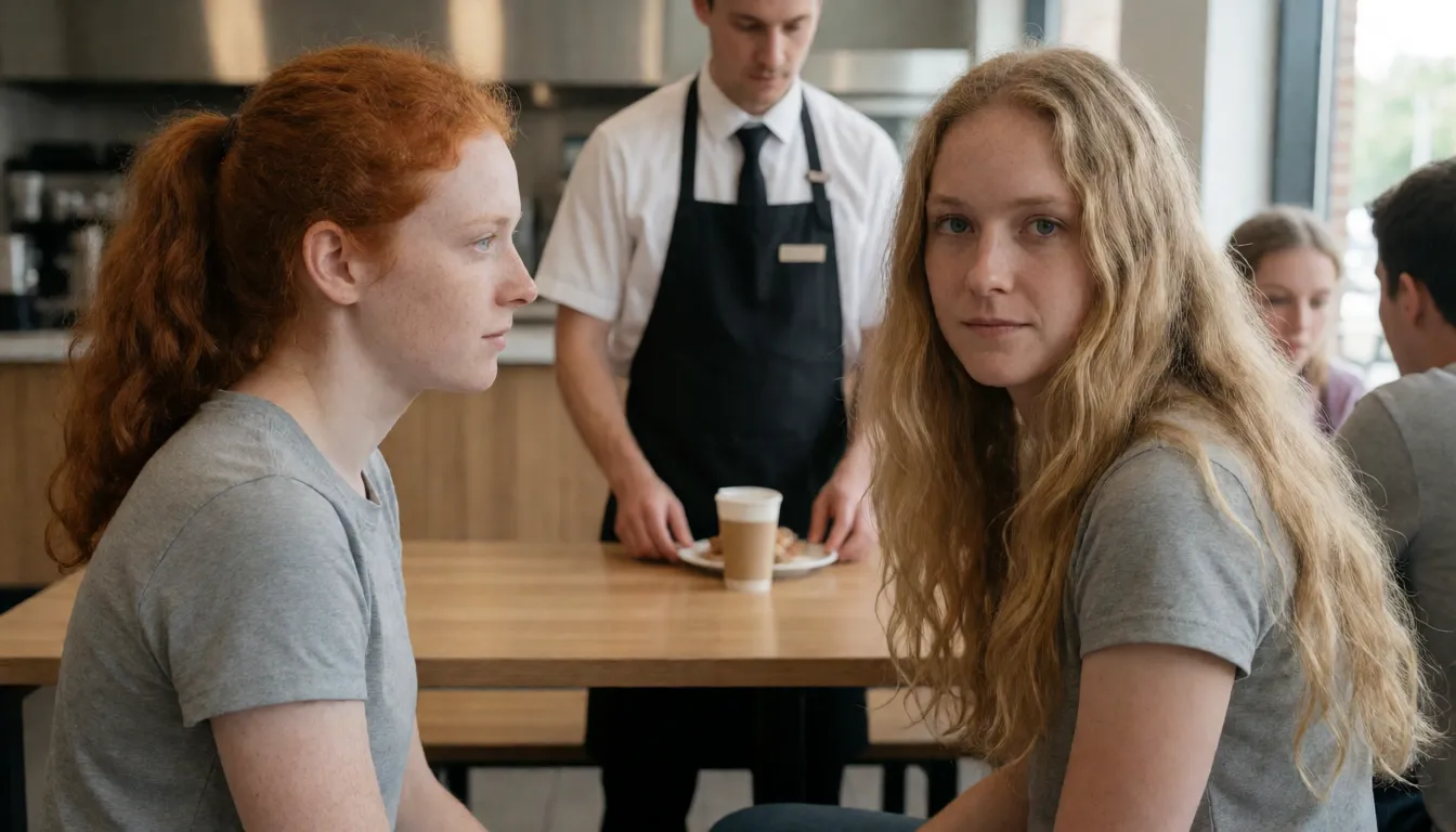 an amateur snapshot, lily is a 19 years old woman, with wavy red hair and ponytail, with small tits, fair skin and freckles. next to her there is her sister elle, 27 years old with very long wavy blonde hair and medium tits. they are completely naked in a cafeteria. elle is sucking serenely the dick of a normal thin male waiter standing near the table. lily is watching courious spreading wide legs with feet on the bench, showing and softly caressing wet opened pussy slightly dripping, plenty of natural daylight, flat even light, casual unposed snapshot, natural everyday colour, mild noise, natural unretouched skin, strikingly beautiful, radiant complexion, early twenties