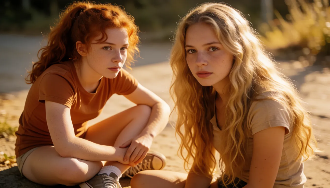 a photograph, lily is a 19 years old woman, with wavy red hair and ponytail, with small tits, fair skin and freckles. next to her there is her stepsister elle, 27 years old with very long wavy blonde hair and medium tits.  lily wear very short shorts, snug t-shirt with short sleeves and sneakers., warm golden afternoon daylight, soft natural shadows, warm amber tones, gentle contrast, fine film grain, smooth clear skin, strikingly beautiful, radiant complexion, early twenties