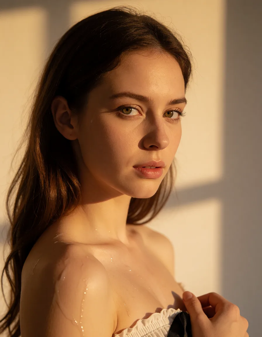 a photograph, professional photo, high detail, milf, buttons, ribbon, over the shoulder glance, wet pussy, studio photo, warm golden afternoon daylight, soft natural shadows, warm amber tones, gentle contrast, fine film grain, smooth clear skin, strikingly beautiful, radiant complexion, early twenties