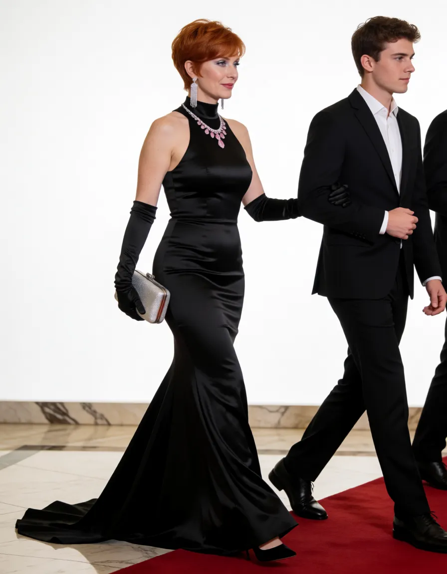 a studio photograph, Huge wide breasts long legs Vulgar Rich Lady WITH HUGE GIGANTIC BOOBS bimbo with huge gigantic LARGEST BREASTS, very slender waist, black form‑fitting satin maxi Mermaid dress with a high neckline, a floor‑length and completely covers the legs.and Sleeveless.long black gloves.Silver clutch, pink diamond necklace, silver massive tassels-pendants earrings,Redhead short Very huge voluminous pixie haircut.big Plump scarlet red lips,huge long lush eyelashes,Bright silver eyeshadow, Bright pink blush on the cheekbones,She has tanned and shiny skin. She has the largest breasts in the world! Her massive breasts are swollen to incredible, gigantic proportions. HER BOOBS GREATEST IN THE WORLD. Huge wide breasts. She has a flirtatious look.She is walking down the luxurious hall on the arm of a young man on light marble floor red carpet.Side view., even shadowless studio light, plain white background, clean rich colour, flawless polished skin, strikingly beautiful, radiant complexion, early twenties