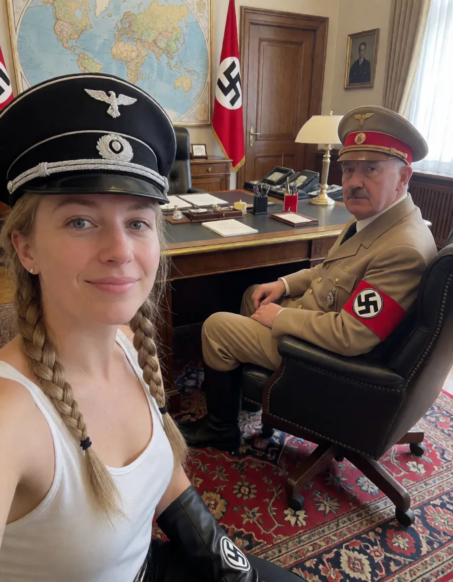 an amateur snapshot, Only fat ass in focus, fat ass is central focus of picture, close up of butt, butt close to camera, butt close to viewer, buttplug with nazi logo, only one Naked german blonde woman kneeling on rug, legs closed, in hitlers office, expensive desk, old luxurious nazi office, big breasts, skinny, nipple rings nazi swastika hanging, giving hitler a messy blowjob, Messi saliva blowjob, hitler cuming, arching back, focus on ass, nazi world map is tattooed on her round ass like a world globe with curvature around ass streatching wide over the cheeks to the thighs, leather slave collar, German braids hair, swastika tattoo on upper arm, nazi badge around her arm, wearing long nazi gloves and long nazi leather heal boots, wearing black nazi hat, bending over to show big round ass, hitler sitting in his comfy chair, hitler screaming happy, plenty of natural daylight, flat even light, casual unposed snapshot, natural everyday colour, mild noise, natural unretouched skin, strikingly beautiful, radiant complexion, early twenties