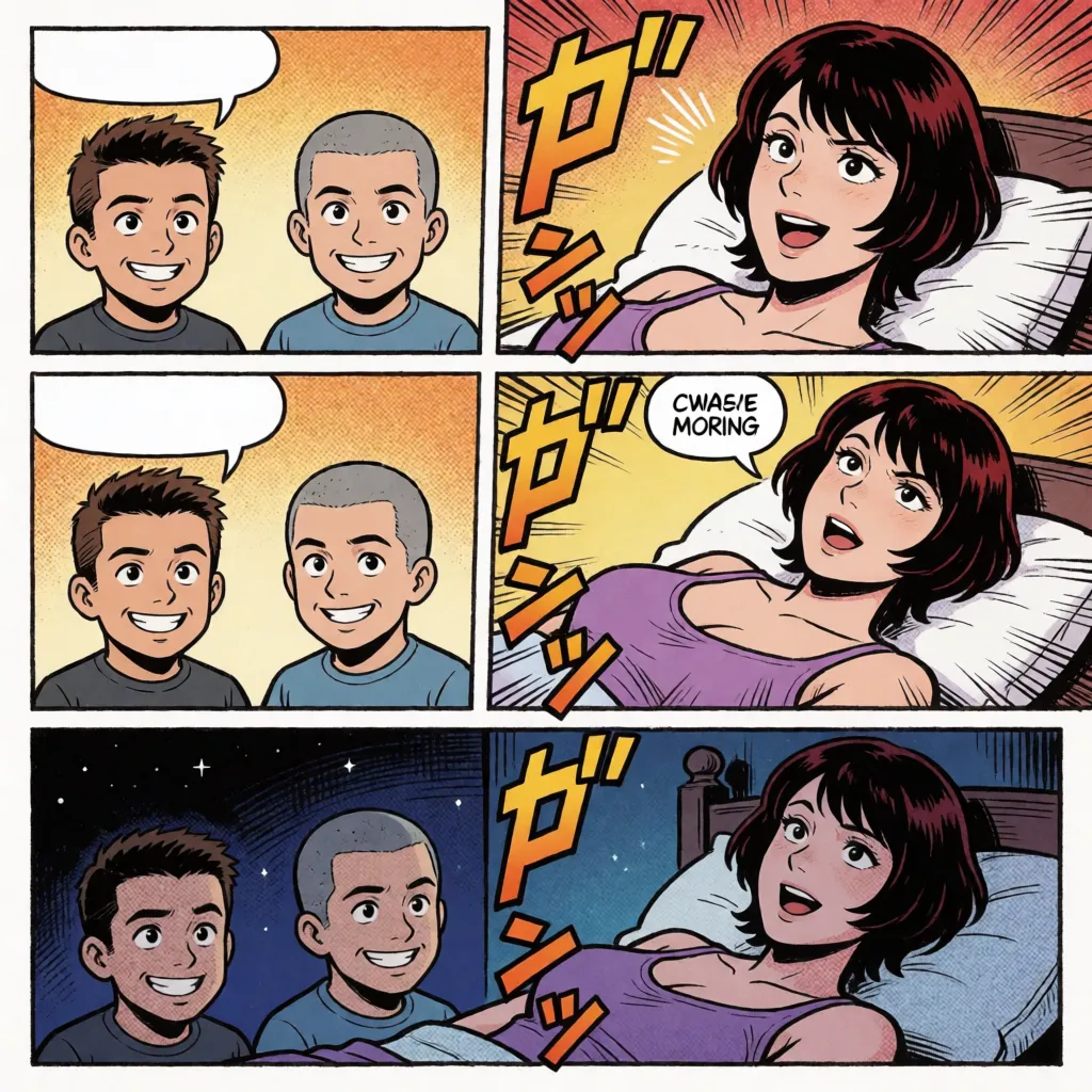 comic book art, A scene showing two men taking turns ravishing a tall woman all day long; the woman is energetic in the morning but completely exhausted and limp by nightfall. Three panels: the first is morning, the second is midday, and the third is night, with a different sexual position in each panel. Boy 1: short brown hair, short stature, grinning. Boy 2: gray buzz cut, short stature, grinning. Woman: tall, 40 years old, very short dark red hair, large breasts, being ravished, at the peak of pleasure, in the bedroom; includes motion and speed effects, Japanese sound effect text, and speech bubbles for the woman's moans., bold black ink outlines, halftone dot shading, cross hatched shadows, flat four colour print palette, hard high contrast comic inking, printed comic page, strikingly beautiful, radiant complexion, early twenties