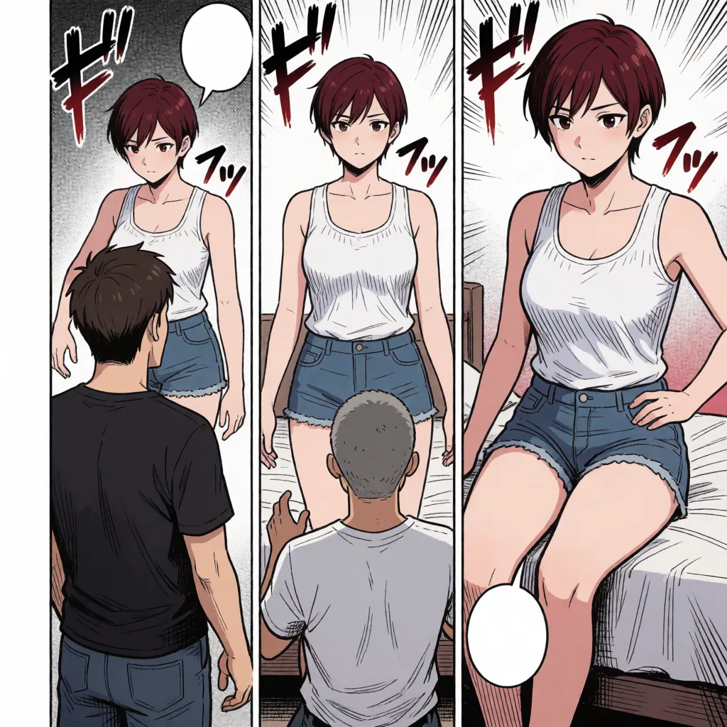 comic book art, A scene where two men take turns having sex with a tall woman; three panels, each showing a different sexual position as she reaches climax—including vaginal penetration, missionary, and doggy style—along with breast fondling, nipple sucking, and fingering. The men include one with short brown hair and another with a grey buzz cut; both have faces and grins. The woman is tall, 40 years old, with very short dark red hair and large breasts; she is shown being penetrated and reaching the peak of pleasure in a bedroom. The art style features anime-style flat coloring, fine lines, motion and speed effects, Japanese sound effect text, and speech bubbles containing the woman's moans., bold black ink outlines, halftone dot shading, cross hatched shadows, flat four colour print palette, hard high contrast comic inking, printed comic page, strikingly beautiful, radiant complexion, early twenties