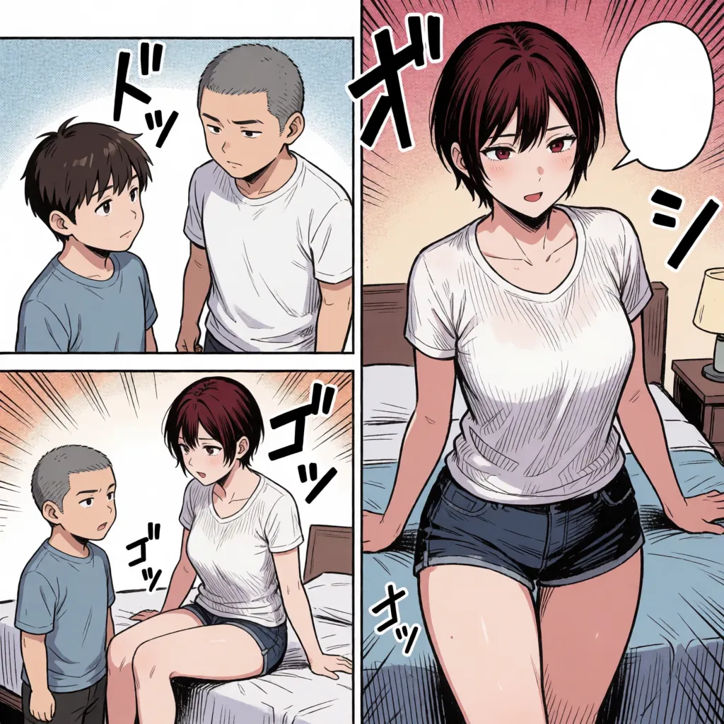 comic book art, NSFW, porn, scene of two men intensely fucking a tall woman, 3-panel layout; Man 1: short brown hair, short stature, smirking, vaginal penetration, gripping her hips with both hands, thrusting vigorously, internal ejaculation; Man 2: grey buzz cut, short stature, sucking her nipples, fondling her breasts, thrusting his hips toward her face and shoving his penis into her mouth; Woman: tall, 40 years old, very short dark red hair, spirited upturned eyes, large breasts, being fucked, peak of pleasure, losing all reason, dazed eyes, in the bedroom; anime-style coloring, flat colors, fine lines, delicate linework, motion and speed effects, Japanese sound effect text, speech bubble for the woman's moans., bold black ink outlines, halftone dot shading, cross hatched shadows, flat four colour print palette, hard high contrast comic inking, printed comic page, strikingly beautiful, radiant complexion, early twenties