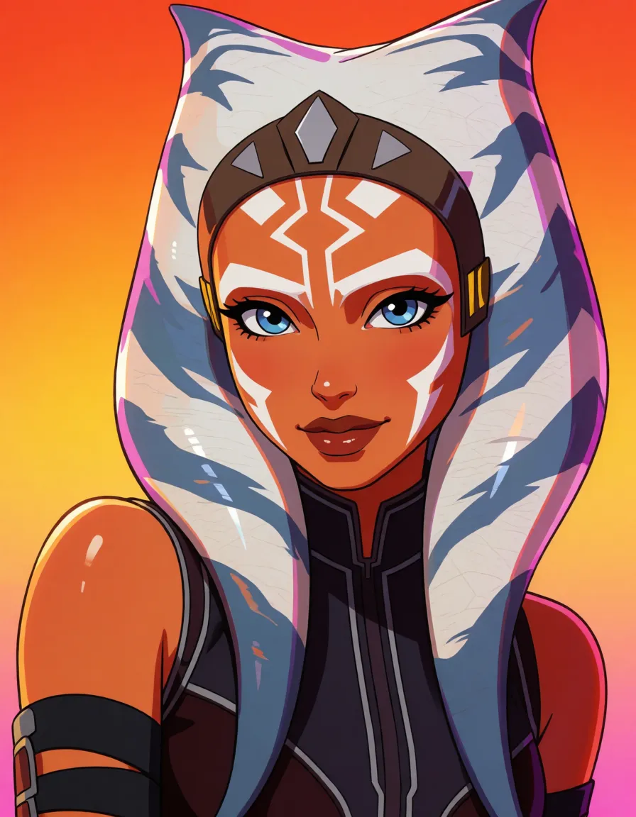 hentai anime art, 1other, ahsoka tano undressing for daddy, clean lineart, smooth cel shading, glossy highlights, saturated warm colour, drawn illustration, strikingly beautiful, radiant complexion, early twenties