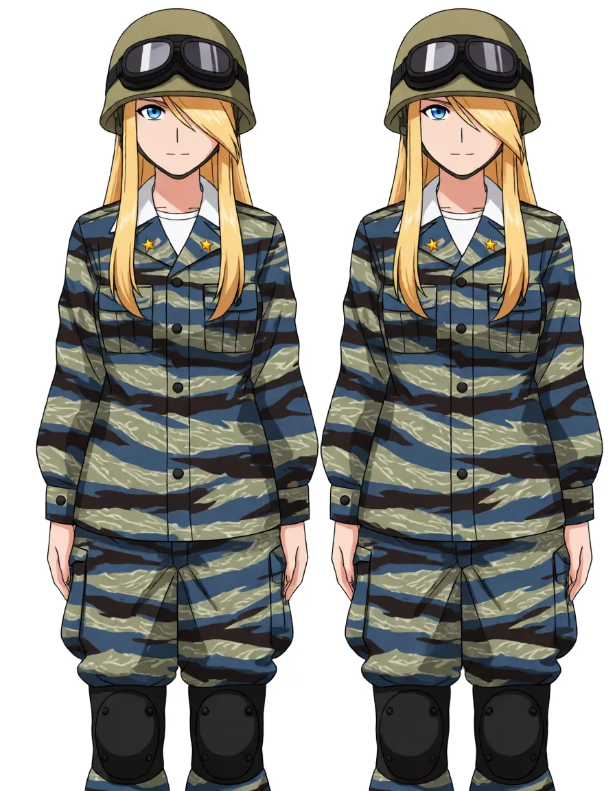 hentai anime art, 2D anime Arme Buff from Ace Attorney, solo woman,
anime style, official character sheet, full body, standing straight, facing viewer, white background,
young adult woman, slim athletic build, fair skin,
long straight blonde hair, side-swept bangs, hair reaching past chest,
blue eyes, calm serious expression, small nose, thin lips,
tan khaki military helmet, dark goggles resting on the front of the helmet,
blue and tan tiger stripe camouflage military uniform,
button-up camo jacket, white collar, two chest pockets, small gold star pins on both collar tips,
matching blue tan tiger stripe camouflage pants,
black knee pads on both knees,
barefoot, no shoes,
clean lineart, simple cel shading, sharp details
futanari, after orgasm, still erect shiny penis, cum dripping from tip and on her thighs, pants around ankles, calm tired face, helmet on, black knee pads, barefoot, white background, clean lineart, smooth cel shading, glossy highlights, saturated warm colour, drawn illustration, strikingly beautiful, radiant complexion, early twenties
