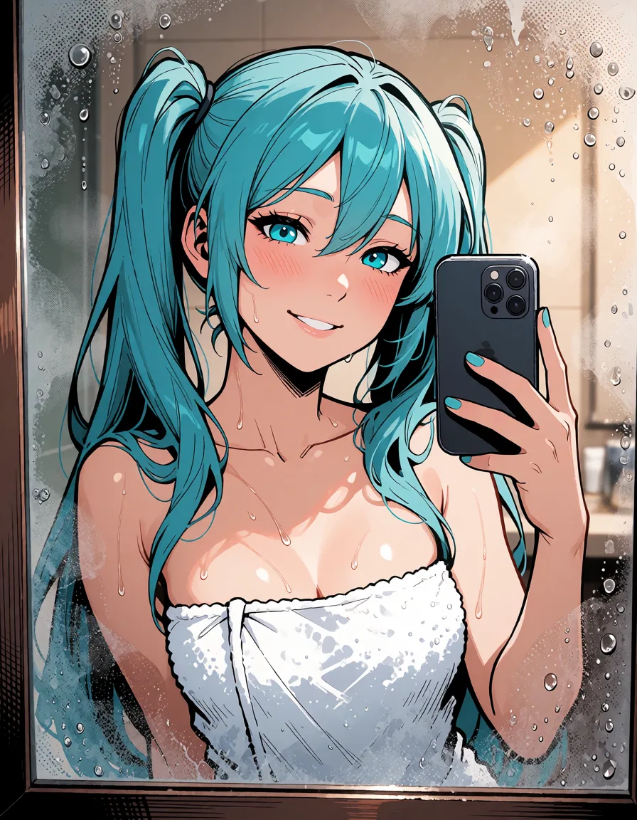 comic book art, Hatsune Miku, teal long twin-tails, cyan eyes, taking a mirror selfie in a steamy bathroom. The mirror is fogged up with condensation, but a clear area is wiped away to reveal her reflection. Playful smiling expression, blushing cheeks. She is holding a smartphone, wearing a white bath towel wrapped around her chest. Water droplets on her skin, soft cinematic lighting, warm bathroom atmosphere, high-quality anime style, masterpiece, 4k., bold black ink outlines, halftone dot shading, cross hatched shadows, flat four colour print palette, hard high contrast comic inking, printed comic page, strikingly beautiful, radiant complexion, early twenties
