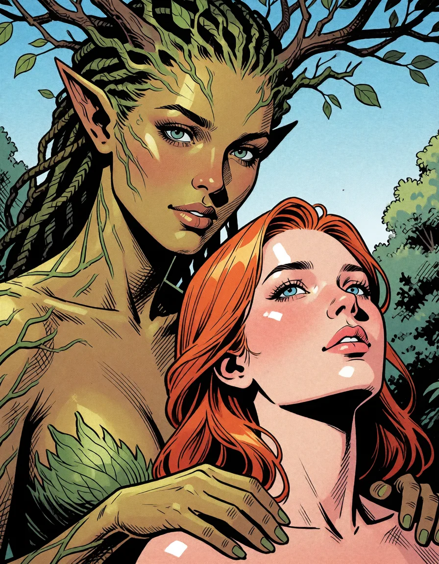 comic book art, Realistic comic of one dryad woman hypnotizing another red haired women, bold black ink outlines, halftone dot shading, cross hatched shadows, flat four colour print palette, hard high contrast comic inking, printed comic page, strikingly beautiful, radiant complexion, early twenties
