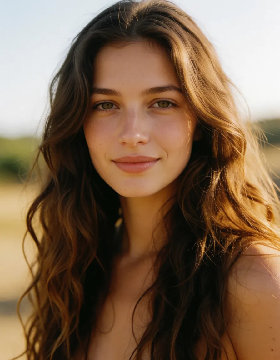 a photograph, Extremely long hair, brown wavy hair, stunning woman in view, hot bimbo model, looking at viewer with slight smiles, white skin, warm golden afternoon daylight, soft natural shadows, warm amber tones, gentle contrast, fine film grain, smooth clear skin, strikingly beautiful, radiant complexion, early twenties