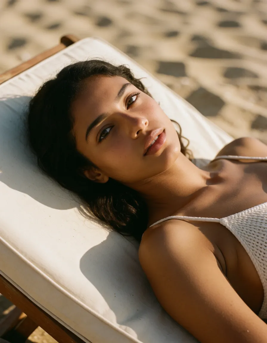 a photograph, Dark skinned INDIAN supermodel, gigantic_breasts, huge_breasts, sagging_breasts, with small_nipples, dark_areolae, excessive lactation, lying on her back, her long skinny legs and thighs spread wide open, she is grabbing her enormous breasts in both her hands,lying on a sun lounger, beach,distinct dark tanlines, sweat-slicked body, very wet slippery body lathered in oil, moaning, mouth_drool, slobbering an enormous thick saliva_trail, beautiful green slanted eyes looking at the viewer, assertive_female, warm golden afternoon daylight, soft natural shadows, warm amber tones, gentle contrast, fine film grain, smooth clear skin, strikingly beautiful, radiant complexion, early twenties