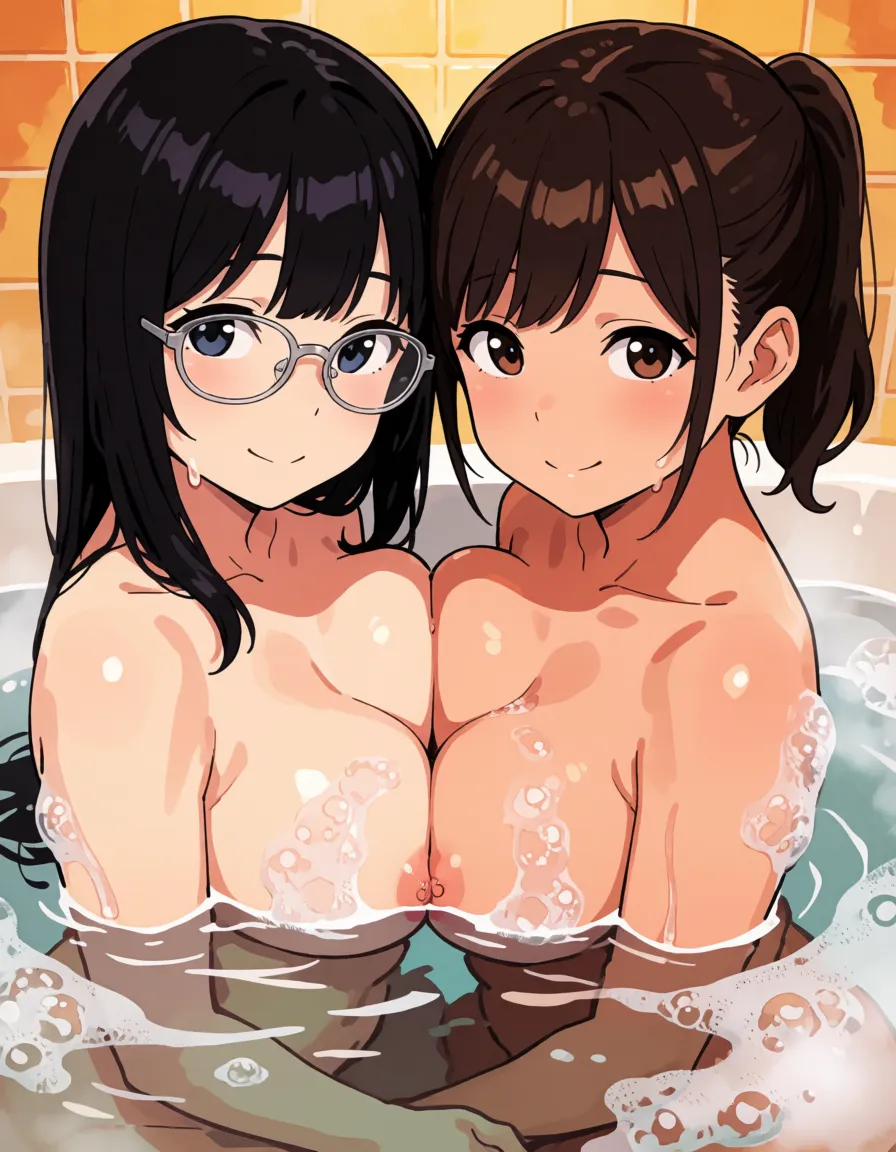 hentai anime art, multiple heads, conjoined twins, conjoinet females, Siamese twins, two heads sharing one body, two-headed female, (interracial:1.2), two-tone skin, split-colored skin, split-color body, small height asian milf, black hair, glasses, brown hair ponytail, tsurime, freckles, body freckles, calm smile, open mouth, blushing, smile, beautiful lips, naked, heart chokers, (big chubby belly, gigantic sagging breasts, huge natural perky breasts:1.4), asymmetrical breasts, left breast much bigger than second, fat, bbw, large buttocks, wet skin, lying in bath tub, lying in water, relaxing in bath, hands on own chest, soap foam, solo,, clean lineart, smooth cel shading, glossy highlights, saturated warm colour, drawn illustration, strikingly beautiful, radiant complexion, early twenties