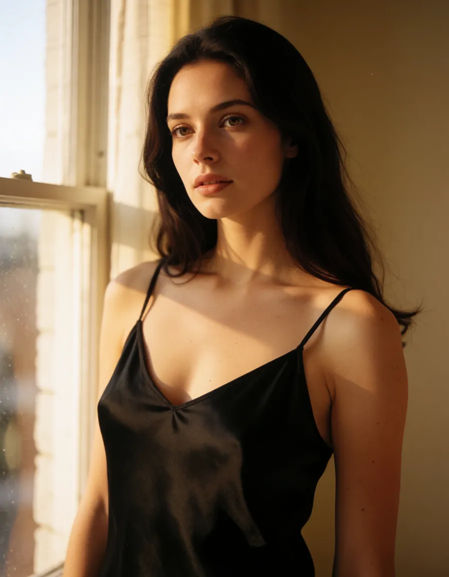 a photograph, 1960s a woman with long dark hair in a black silk slip wearing an electronic collar, soft window light, shot on film, warm golden afternoon daylight, soft natural shadows, warm amber tones, gentle contrast, fine film grain, smooth clear skin, strikingly beautiful, radiant complexion, early twenties