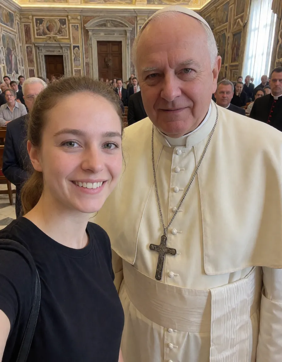 an amateur snapshot, Naked curvy Italian Milf is slave in Vatican, squatting in front of pope, golden slave cuffs and golden slave collar, big saggy breasts, golden nipple rings with heavy golden Cristian catholic crosses, hair in strict pony tail, body covered in catholic symbols (catholic, vatican, pope, Jesus, and church symbols,)-tattoos, pope keys symbol tattoo above pussy, Latin writing on body bible, pussy pierced golden rings, embarrassed facial expression, pope has her on a leash like a dog. Inside Vatican church, plenty of natural daylight, flat even light, casual unposed snapshot, natural everyday colour, mild noise, natural unretouched skin, strikingly beautiful, radiant complexion, early twenties