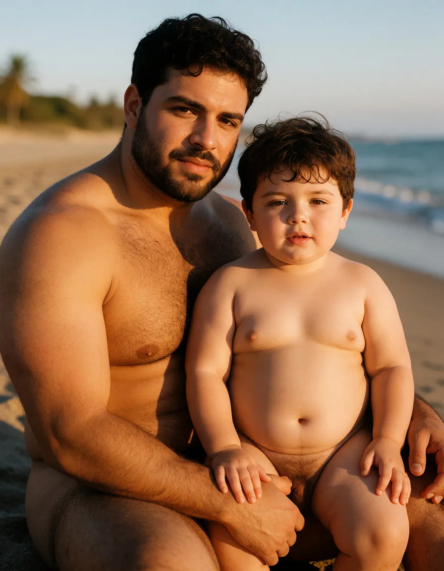 a photograph, arab super fat chubby bear beefy gay man, with his arab super chubby fat soft boy , both naked nude in the beach, warm golden afternoon daylight, soft natural shadows, warm amber tones, gentle contrast, fine film grain, smooth clear skin, strikingly beautiful, radiant complexion, early twenties