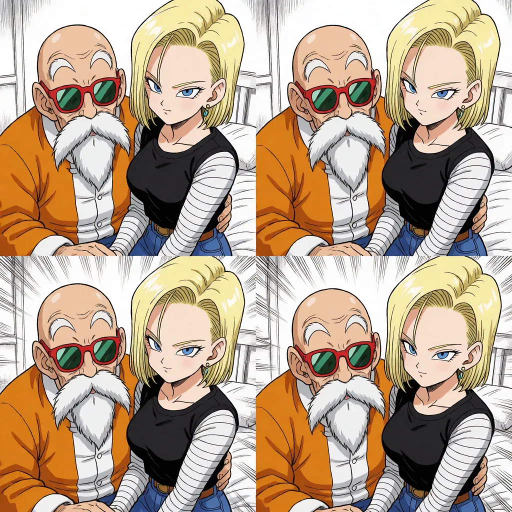 hentai anime art, NSFW, hentai, sexual intercourse (man and woman), Master Roshi grinning with a lecherous look, Android 18 writhing in pleasure, he spreads the woman's legs wide with his hands, vaginal penetration, missionary position, vigorous hip thrusting, in the bedroom, Dragon Ball manga, faithful reproduction of original character designs, 4-panel comic, line art, manga-style coloring, flat colors, fine lines, delicate linework, motion lines, speed lines, Japanese lewd sound effects, Japanese text in lewd speech bubbles, masterpiece, best quality, ultra-detailed., clean lineart, smooth cel shading, glossy highlights, saturated warm colour, drawn illustration, strikingly beautiful, radiant complexion, early twenties