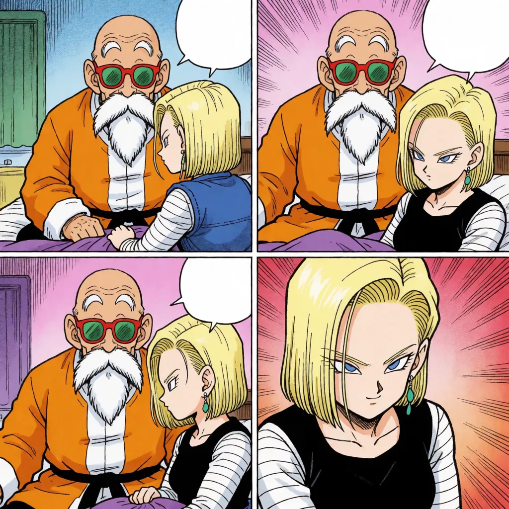 comic book art, NSFW, hentai, sexual intercourse (man and woman), Master Roshi smiling with a lecherous look, Android 18 writhing in pleasure, he uses his hands to spread her legs while positioned over her, vaginal penetration, missionary position, vigorous hip thrusting, in the bedroom, Dragon Ball manga, sexual depiction faithful to the original character designs, 4-panel comic, erotic line art, manga color, flat color, fine lines, delicate linework, motion lines, speed lines, obscene Japanese sound effects, speech bubbles with obscene Japanese text, masterpiece, best quality, ultra-detailed, bold black ink outlines, halftone dot shading, cross hatched shadows, flat four colour print palette, hard high contrast comic inking, printed comic page, strikingly beautiful, radiant complexion, early twenties