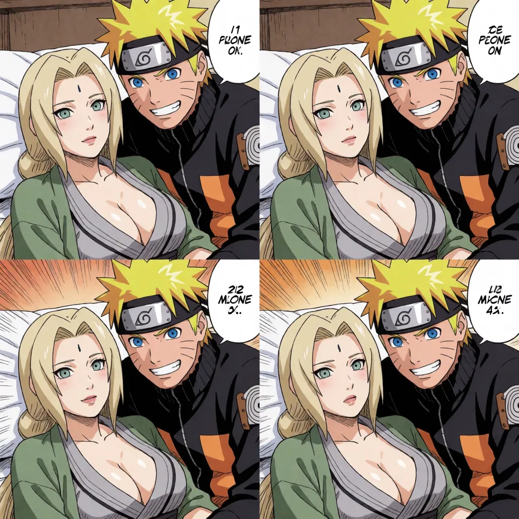 hentai anime art, NSFW, hentai, Naruto Uzumaki smiling with a lust-filled gaze, Tsunade writhing in pleasure, he looms over her, his hands spread her legs wide, vaginal penetration, missionary position, his vigorous thrusting, in the bedroom, Naruto Shippuden manga, sexually explicit depiction faithful to the original character designs, 4-panel comic, panel 1: woman moaning softly, panel 2: moaning loudly, panel 3: moaning intensely, panel 4: face melting with ecstasy, losing all reason, erotic line art, manga color, flat color, fine lines, delicate linework, motion lines, speed lines, obscene Japanese sound effects, obscene Japanese text in speech bubbles, masterpiece, best quality, ultra-detailed., clean lineart, smooth cel shading, glossy highlights, saturated warm colour, drawn illustration, strikingly beautiful, radiant complexion, early twenties