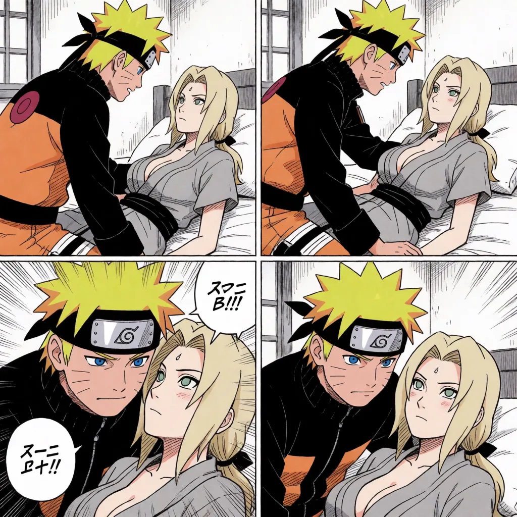 comic book art, NSFW, hentai, scene depicting an aroused Naruto Uzumaki performing vaginal penetration and creampie on Tsunade, he looms over her, his hands spread her legs wide, vaginal penetration, missionary position, his vigorous hip thrusting, she becomes flustered, he creampies her, in the bedroom, Naruto Shippuden manga, sexually explicit depiction faithful to the original character designs, 4-panel comic, erotic line art, manga color, flat color, fine lines, delicate linework, motion lines, speed lines, Japanese obscene sound effects, Japanese text in obscene speech bubbles, masterpiece, best quality, ultra-detailed., bold black ink outlines, halftone dot shading, cross hatched shadows, flat four colour print palette, hard high contrast comic inking, printed comic page, strikingly beautiful, radiant complexion, early twenties