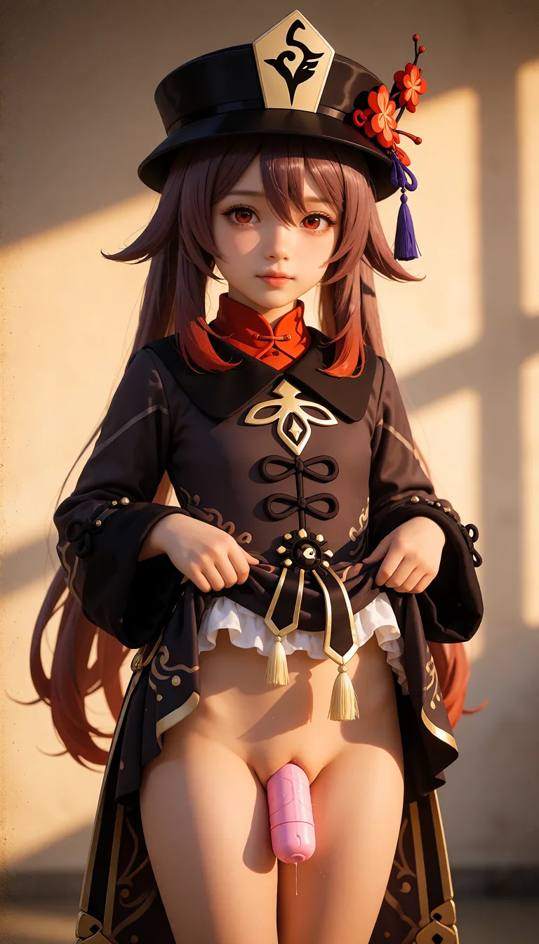 a photograph, 原神游戏的动漫风格，清纯可爱的小女儿在广州漫展舞台上，Cosplay原神游戏中的胡桃，掀起裙子露出了深插小号电动成人玩具的私密部位。, warm golden afternoon daylight, soft natural shadows, warm amber tones, gentle contrast, fine film grain, smooth clear skin, strikingly beautiful, radiant complexion, early twenties
