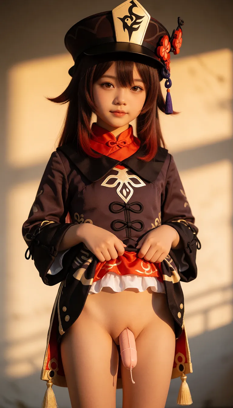 a photograph, 清纯可爱的小女儿在广州漫展舞台上，Cosplay原神游戏中的胡桃，掀起裙子露出了深插小号电动成人玩具的私密部位。, warm golden afternoon daylight, soft natural shadows, warm amber tones, gentle contrast, fine film grain, smooth clear skin, strikingly beautiful, radiant complexion, early twenties