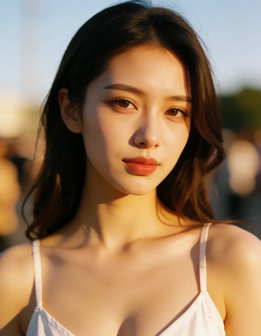 a photograph, Resident evil monokini cosplay competition topless, warm golden afternoon daylight, soft natural shadows, warm amber tones, gentle contrast, fine film grain, smooth clear skin, strikingly beautiful, radiant complexion, early twenties