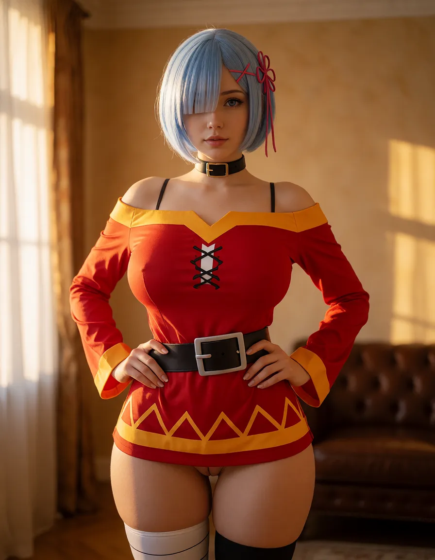a photograph, 1 девушка 18 лет, большие формы, она косплеит rem from anime re:zero its a rem, она одета в одежду megumin from anime konosuba, вид спереди, стоит прямо не боком, в особняке, ее фото в полный рост, руки на бедрах, большие ляжки, warm golden afternoon daylight, soft natural shadows, warm amber tones, gentle contrast, fine film grain, smooth clear skin, strikingly beautiful, radiant complexion, early twenties