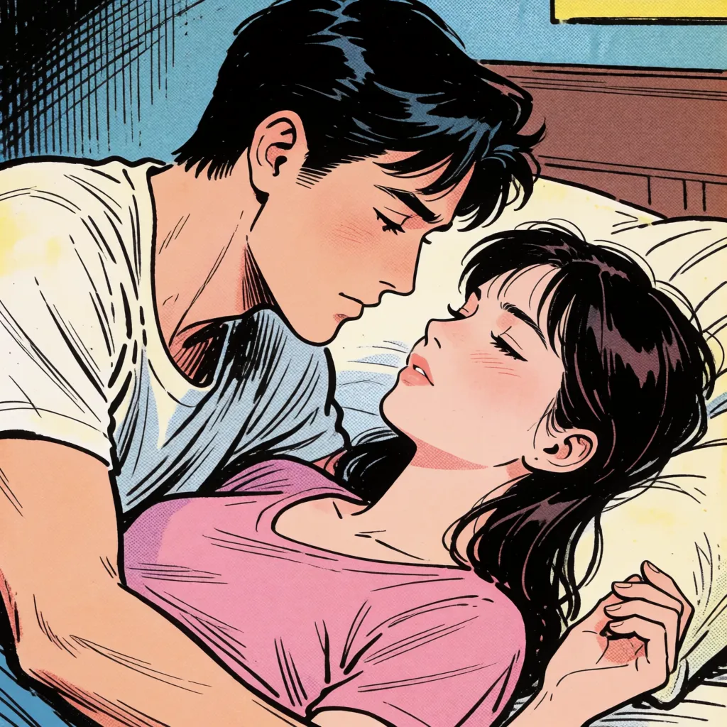 comic book art, Man fucking woman, in the bedroom, anime-style coloring, flat colors, fine lines, delicate lines., bold black ink outlines, halftone dot shading, cross hatched shadows, flat four colour print palette, hard high contrast comic inking, printed comic page, strikingly beautiful, radiant complexion, early twenties