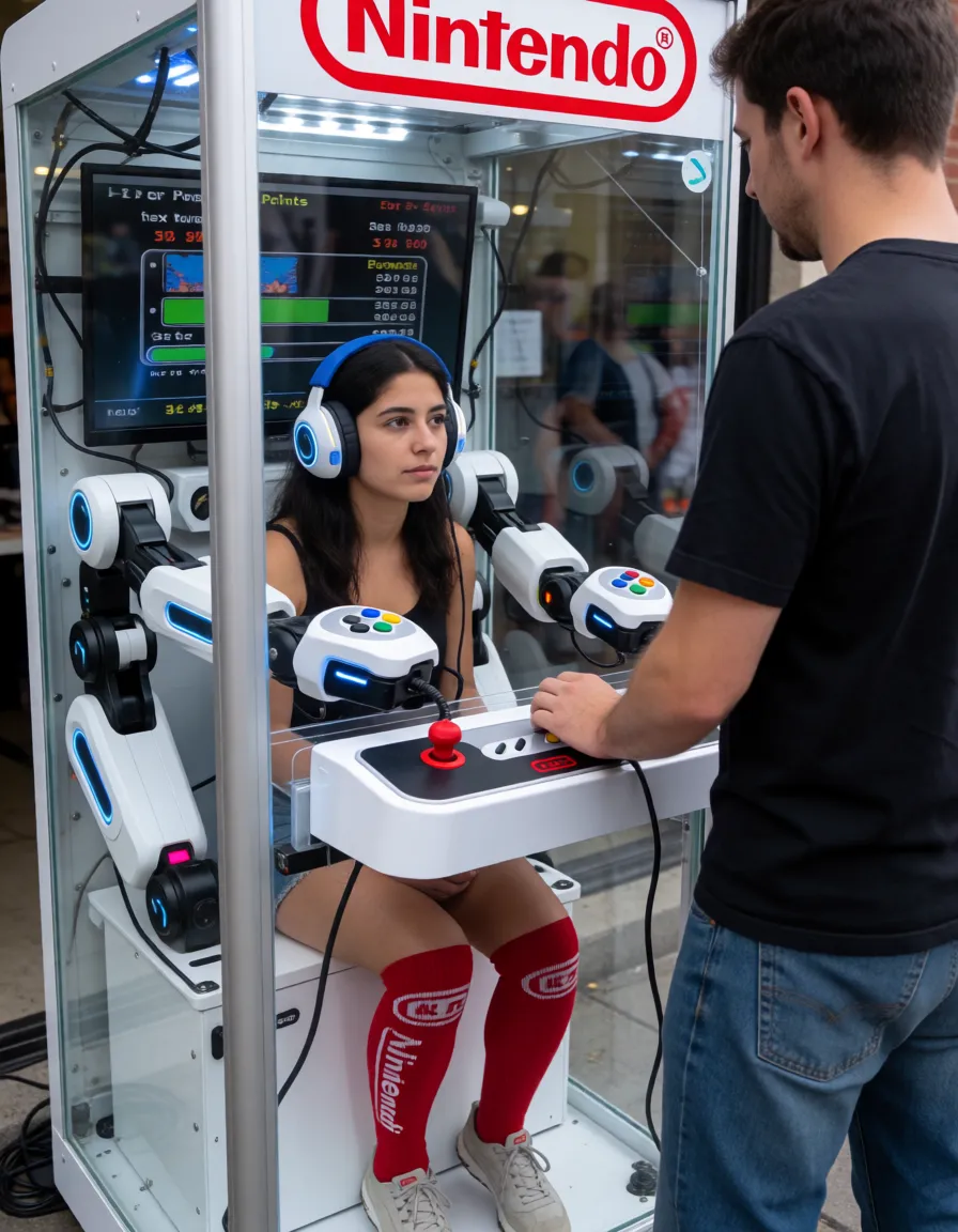 an amateur snapshot, A naked brown Latina locked inside a tight transparent glass Nintendo-style arcade cabinet, sitting on moving dildo, kneeling on padding, metal nipple rings connected to black wires, saggy breasts, tight small cabinet, squirting against glass wall. Her legs are up and forced wide apart by machine arms, arms cuffed behind back; legs locked in machine arms, a high-tech slave collar is locked around her neck. Futuristic gaming headphones, Multiple robotic arms with different dildo attachments putting movable mechanic dildos in her butt and in her pussy inside the glass box. diverse dildo attachments some ripped some big, Double penetration, Glas full of saliva, ground in cabinet in robotic arms and engines, her mouth is filled with moving dildo on a machine arm, A game controller is mounted on the front of the machine and a large monitor above shows video-game high scores and records for: "Orgasm Points" ...
she has a Nintendo logo pubic tattoo. Shaved pussy, wet water pussy, face blushing red, her face pressing pain expression, sweaty body, squirting, big tall gamer standing in front of machine playing the controller looking at her, moving vibrator in her pussy, flashing colored lights, she wears red Nintendo knee socks, sucking dildo, vibrator on pussy, monitor shows progress bar to: next orgasm,
nipple clamps with wires vibrator , one machine arm has several different dildo sizes, one man outside knocks at the glass an laughs evil, plenty of natural daylight, flat even light, casual unposed snapshot, natural everyday colour, mild noise, natural unretouched skin, strikingly beautiful, radiant complexion, early twenties