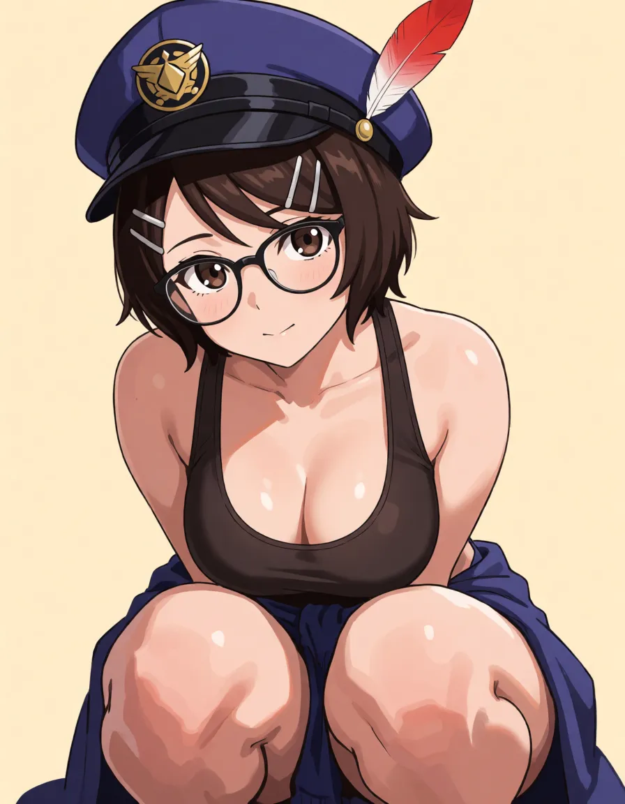 hentai anime art, source_anime, rating:explicit, masterpiece, best quality, ace attorney official art style, clean lines, cel shading, maggey byrde, 1woman, solo, adult, short brown hair, two silver hair clips, round glasses, brown eyes, blue security cap on head with red feather and gold emblem, solo,
squatting, knees wide, jacket off, tank top around waist, spreading pussy with both hands, wet, cap on head, looking at viewer, nsfw, explicit, clean lineart, smooth cel shading, glossy highlights, saturated warm colour, drawn illustration, strikingly beautiful, radiant complexion, early twenties