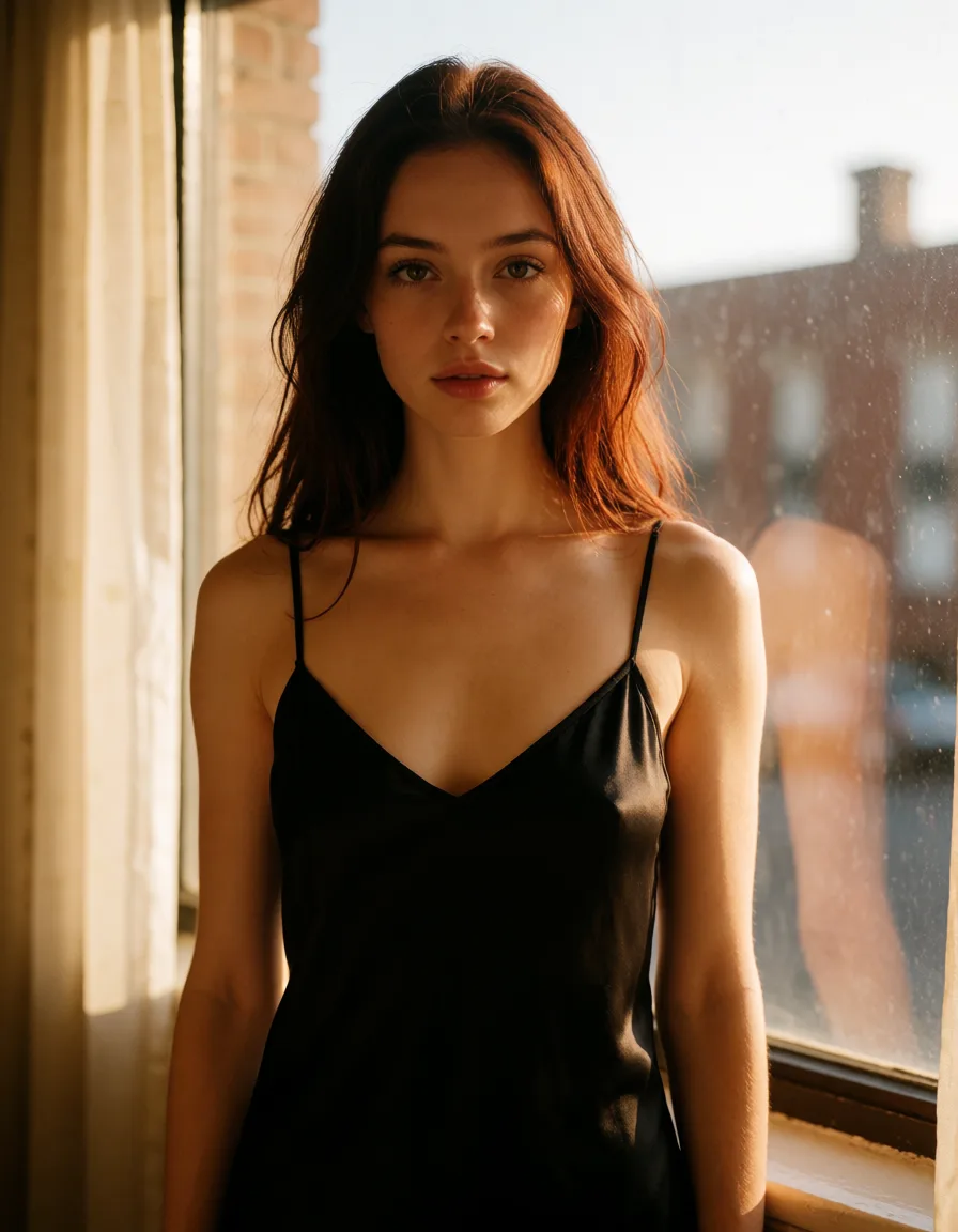 a photograph, a The slender little rurz and redhead wife stands like a dirty slut dressed with her submissive hubby, in front of a nightclub where only black nigger men are visited and gets groped by everyone, hubby watcheswoman with long dark hair in a black silk slip, soft window light, shot on film, warm golden afternoon daylight, soft natural shadows, warm amber tones, gentle contrast, fine film grain, smooth clear skin, strikingly beautiful, radiant complexion, early twenties