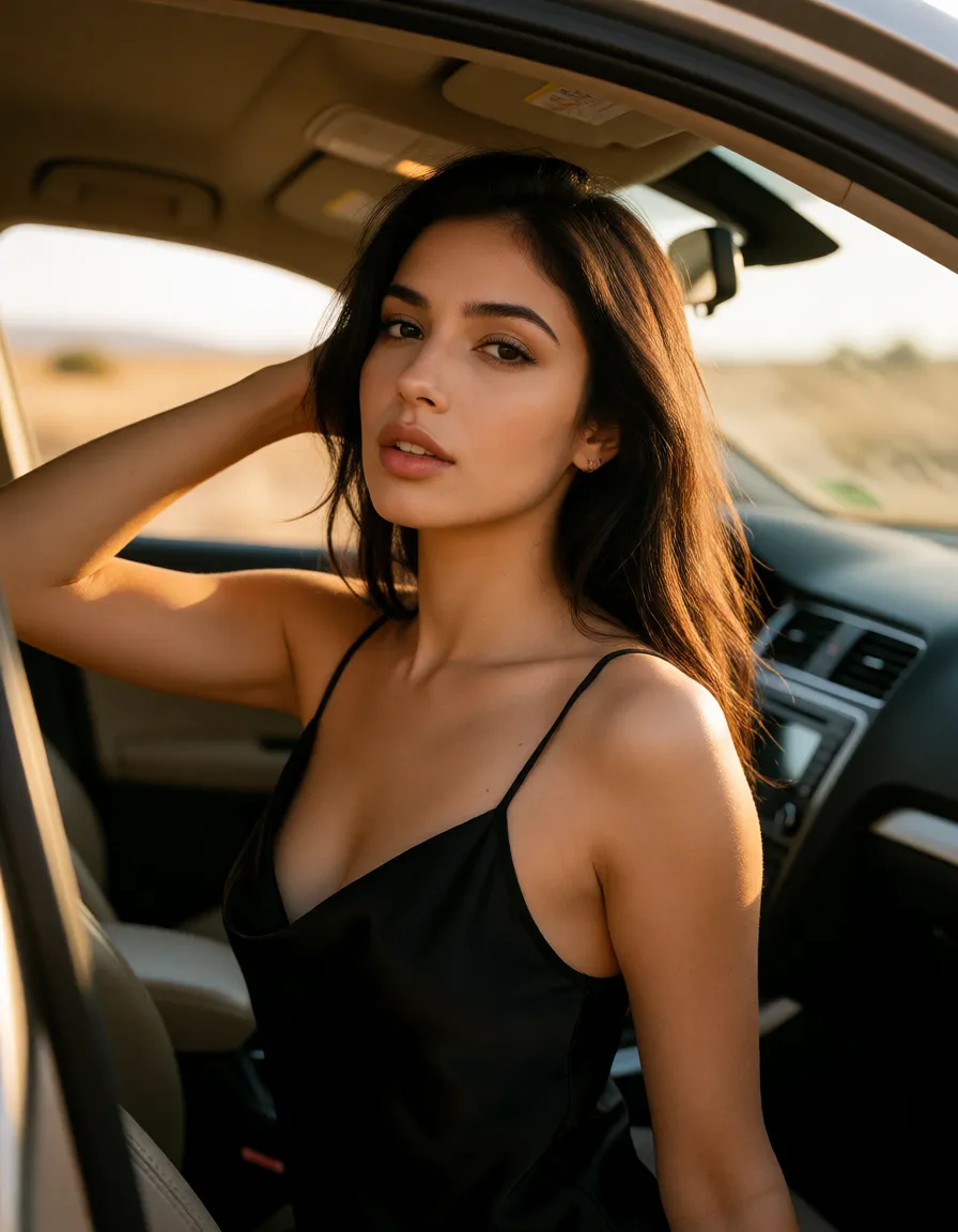 a photograph, a woman with long dark hair in a black silk slip, Arab looking posing sexily in a car meet with other hot women, warm golden afternoon daylight, soft natural shadows, warm amber tones, gentle contrast, fine film grain, smooth clear skin, strikingly beautiful, radiant complexion, early twenties