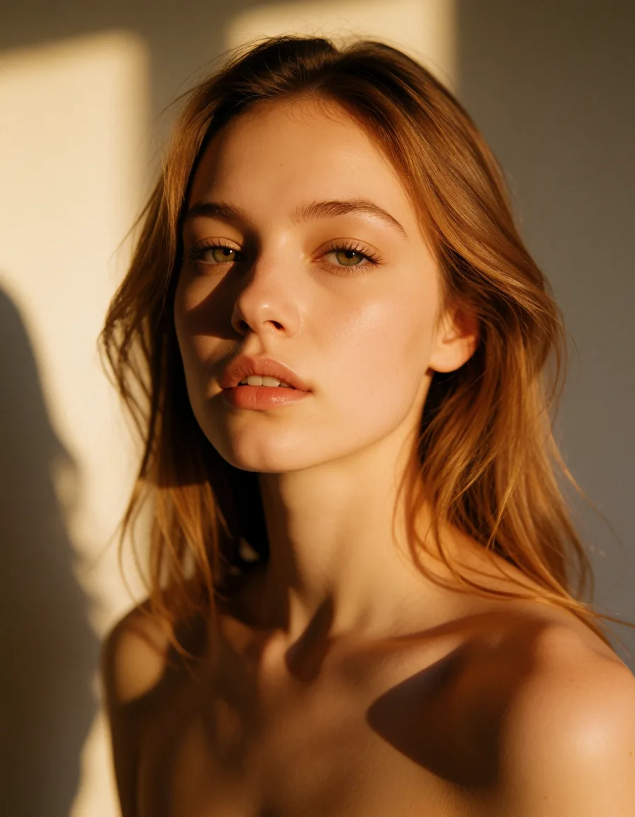 a photograph, Рарити минет секс, warm golden afternoon daylight, soft natural shadows, warm amber tones, gentle contrast, fine film grain, smooth clear skin, strikingly beautiful, radiant complexion, early twenties