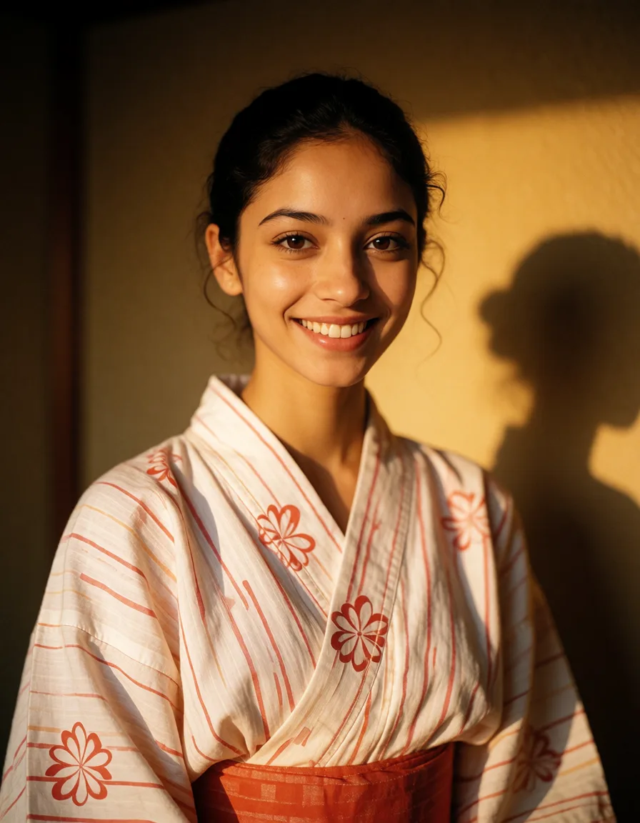 a photograph, naked indian smile slender beauti 20s female yukata stand, warm golden afternoon daylight, soft natural shadows, warm amber tones, gentle contrast, fine film grain, smooth clear skin, strikingly beautiful, radiant complexion, early twenties