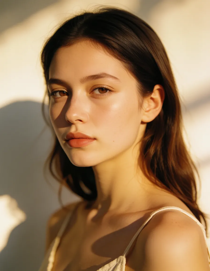 a photograph, A young woman take off her panties, warm golden afternoon daylight, soft natural shadows, warm amber tones, gentle contrast, fine film grain, smooth clear skin, strikingly beautiful, radiant complexion, early twenties
