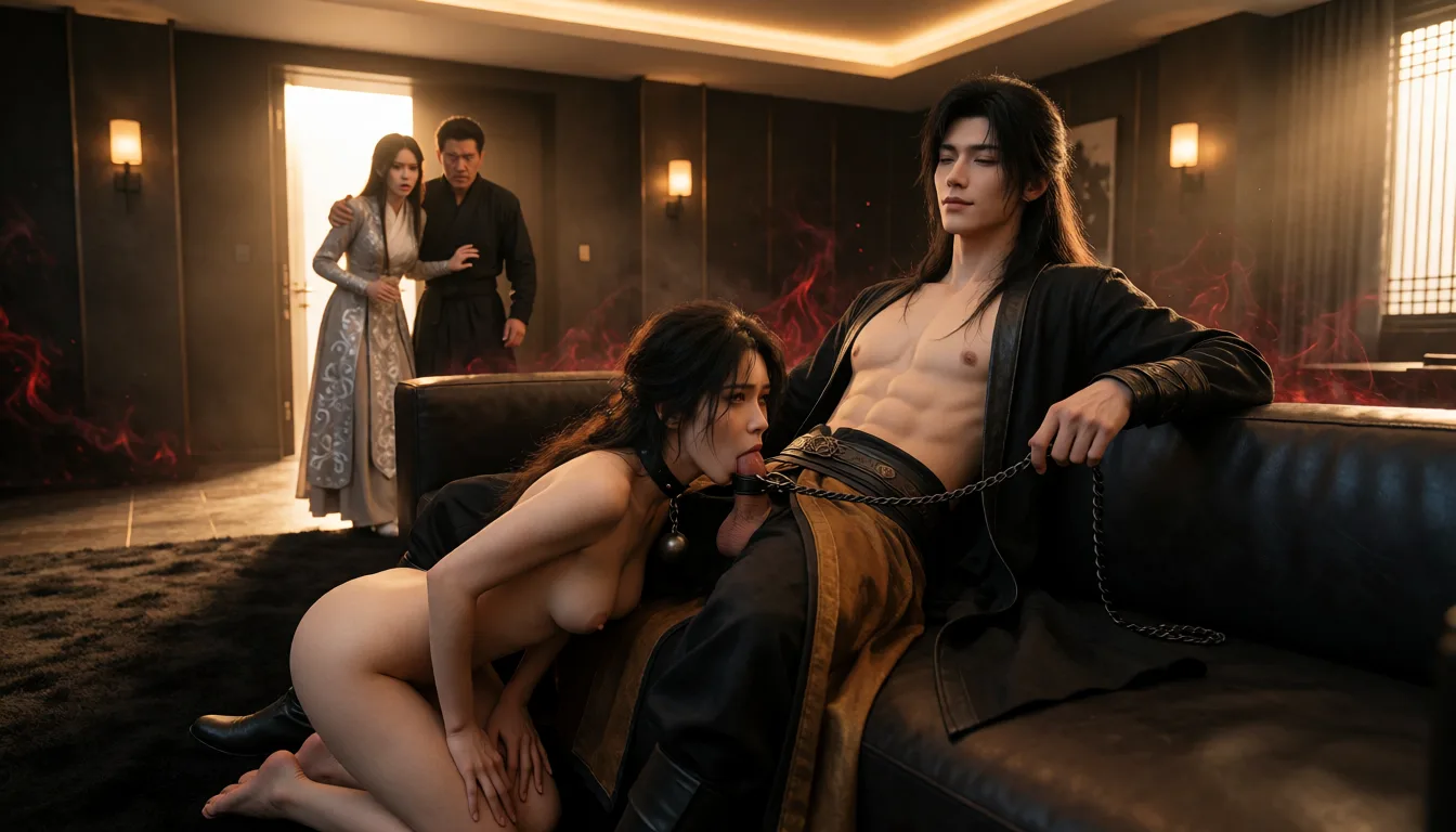 a photograph, **【画面风格与质感强约束】**超写实真人摄影,RAW照片,单反相机拍摄,真实人类皮肤纹理,写实人体结构,解剖学比例正确,自然光影,电影级奇幻暗黑质感,8K分辨率,胶片颗粒感,画面清晰锐利,真实布料与皮革质感,完全写实的真人质感。画面中所有人物均为中国东亚面孔,黑发黑眼,肢体数量正确,双手各有五指,双脚各有五趾,四肢互相独立不重叠,衣物与身体边界清晰,动作解剖学逻辑准确,口部与面部结构正确。
**【场景环境】**恶魔岛地下99层的别墅内部。豪华现代与暗黑奇幻结合的室内装潢,地面铺着深色厚重地毯,中央摆放着宽大的深色真皮沙发。墙壁是暗色的隔音材质,角落亮着几盏暖黄色的壁灯。空间中弥漫着淡淡的暗红色与黑色魔气。画面正后方(门的方向)有着逆光的强烈对比。
**【主体人物1(轩亦秋·画面视觉中心)】**中国年轻男性,面容极为清秀俊美,五官立体精致。黑色长发自然披散,长度垂落至胸口上方,发丝微乱。身高约185cm,身材修长挺拔,赤裸的胸膛和腹部展现出清晰的八块腹肌与完美的人鱼线。他的眼神极度闲适、慵懒、惬意,半眯着眼睛,嘴角勾起一抹似笑非笑的傲慢弧度。**着装与姿态:** 外披一件质感极佳的黑色长款风衣,敞开穿着,深V领,完全露出赤裸的胸膛。下半身围着金棕色与黑色交织的战裙。他极其慵懒地倚靠在沙发正中央,双腿自然分开,一手撑着侧脸,另一只手随意把玩着一根连接在魅奴脖子上的黑色狗链,姿态如同正在享受至高无上的服务。
**【主体人物2(魅奴·画面下方正中央)】**中国女性,面容妩媚成熟,长发散乱。全身赤裸,脖子上戴着黑色皮质狗项圈,双乳上吊着金属铁球。**动作细节(核心修正):** 她呈现极度卑微的跪姿,跪伏在轩亦秋敞开的双腿之间。她头部前倾,红润的嘴唇完全包裹住轩亦秋勃起的阴茎,脸颊微微凹陷,展现出正在用力深喉吸吮的状态。她的神态讨好而顺从,眼神微微上挑仰视着轩亦秋,身体呈现出讨好、臣服的弧度,双手乖巧地放在自己的大腿上。
**【主体人物3和4(魏晓珊与黑衣男子·画面背景门口处)】**中国女性魏晓珊,长相清丽,身形修长,身穿带有银色云纹的浅色修真界服饰。中国中年男性保镖,身穿黑色大衣,面容凌厉。**姿态:** 两人刚穿过法术屏障,正站在画面远处的门框处,身体僵住。保镖一只手护在魏晓珊身前,眼神充满极度警惕与恐惧。魏晓珊身体微微前倾,脸上的表情充满了震惊、错愕、脸红和一丝本能的畏惧,目光直直地看着沙发上正在享受口交的轩亦秋。
**【镜头与光影】**中景,室内构图,略低角度。画面左侧或右后方放置主光源,打出一道逆光,照亮魏晓珊两人的轮廓;沙发顶部的暖黄灯光聚焦在轩亦秋赤裸的胸膛、披散的长发、把玩狗链的手以及魅奴正在口交的头部轮廓上,形成强烈的明暗对比和空间纵深感。魔气在背景中若隐若现。, warm golden afternoon daylight, soft natural shadows, warm amber tones, gentle contrast, fine film grain, smooth clear skin, strikingly beautiful, radiant complexion, early twenties