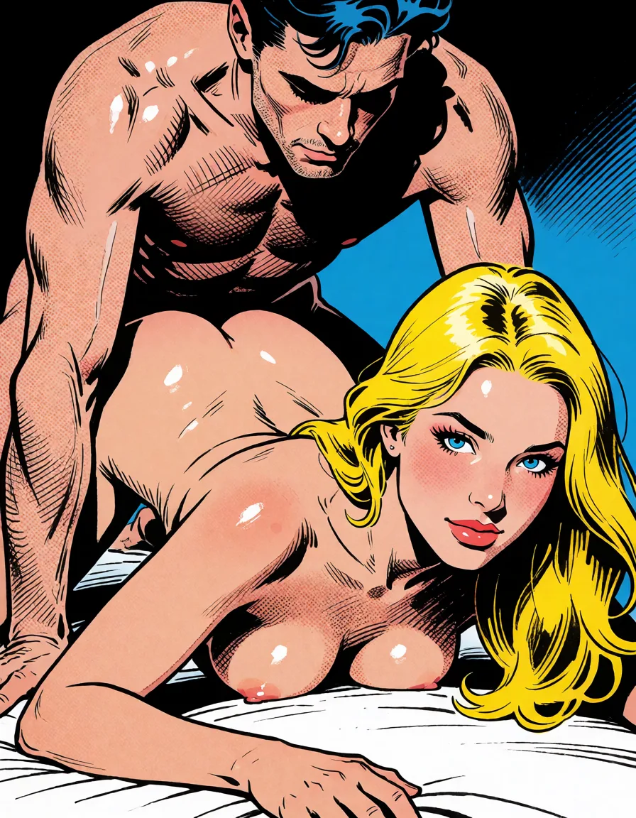 comic book art, A man performs doggystyle sex on a blonde woman, bold black ink outlines, halftone dot shading, cross hatched shadows, flat four colour print palette, hard high contrast comic inking, printed comic page, strikingly beautiful, radiant complexion, early twenties