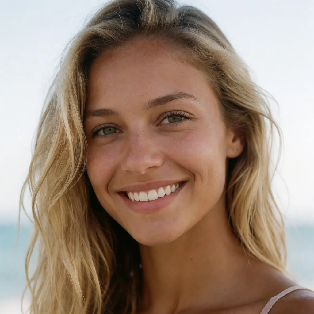 an amateur snapshot, Photorealistic picture, highly detailed, ultra-high resolution, correct human anatomy, close-up shot: Sexy nude young woman, smiling, athletic physique, elegant pose, blonde hair, light-brown skin, naked ample bust, topless, without any bra, beautiful teats., plenty of natural daylight, flat even light, casual unposed snapshot, natural everyday colour, mild noise, natural unretouched skin, strikingly beautiful, radiant complexion, early twenties