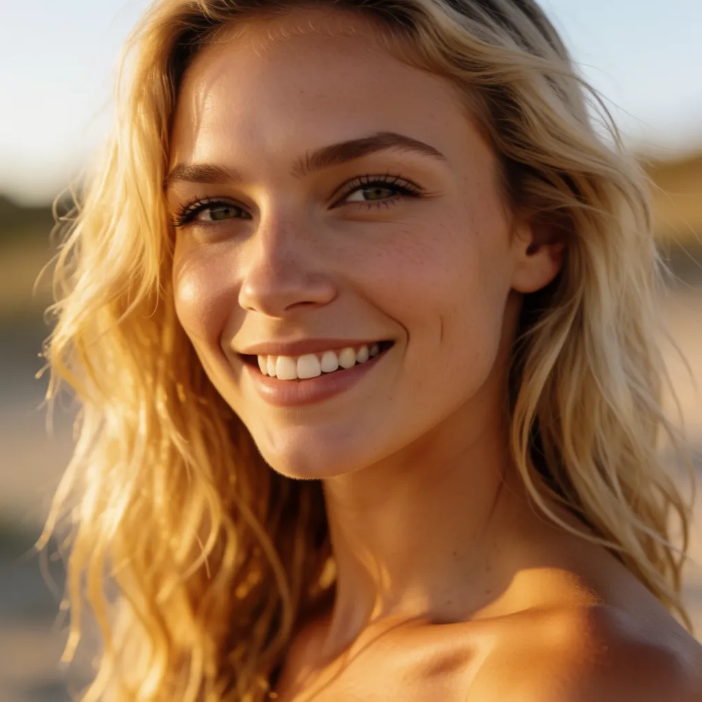 a photograph, Photorealistic picture, highly detailed, ultra-high resolution, correct human anatomy, close-up shot: Sexy nude young woman, smiling, athletic physique, elegant seducing and alluring pose, blonde hair, African dark black skin, naked ample bust, topless, without any bra, beautiful teats., warm golden afternoon daylight, soft natural shadows, warm amber tones, gentle contrast, fine film grain, smooth clear skin, strikingly beautiful, radiant complexion, early twenties