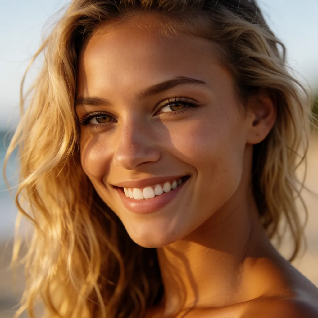 a photograph, Photorealistic picture, highly detailed, ultra-high resolution, correct human anatomy, close-up shot: Sexy nude young lady, smiling, athletic physique, elegant seducing and alluring pose, blonde hair, light-brown skin, naked ample bust, topless, without any bra, beautiful teats., warm golden afternoon daylight, soft natural shadows, warm amber tones, gentle contrast, fine film grain, smooth clear skin, strikingly beautiful, radiant complexion, early twenties