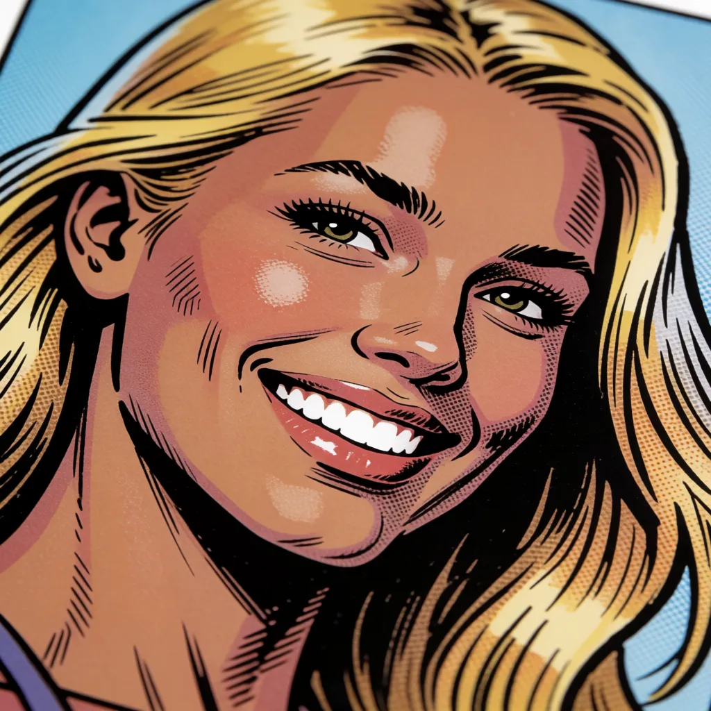 comic book art, Photorealistic picture, highly detailed, ultra-high resolution, correct human anatomy, close shot: Sexy nude young lady, smiling, athletic physique, elegant attractive pose, blonde hair, light-brown skin, naked ample bust, topless, without any bra, beautiful teats., bold black ink outlines, halftone dot shading, cross hatched shadows, flat four colour print palette, hard high contrast comic inking, printed comic page, strikingly beautiful, radiant complexion, early twenties